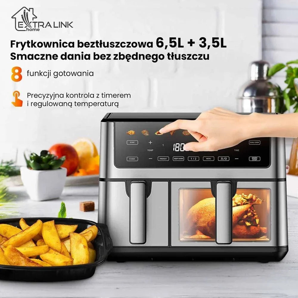 Fritadeira de Ar Extralink Dual Basket com Janela, 2 Cestos, 2500 W, 6,5 l e 3,5 l, Prateada