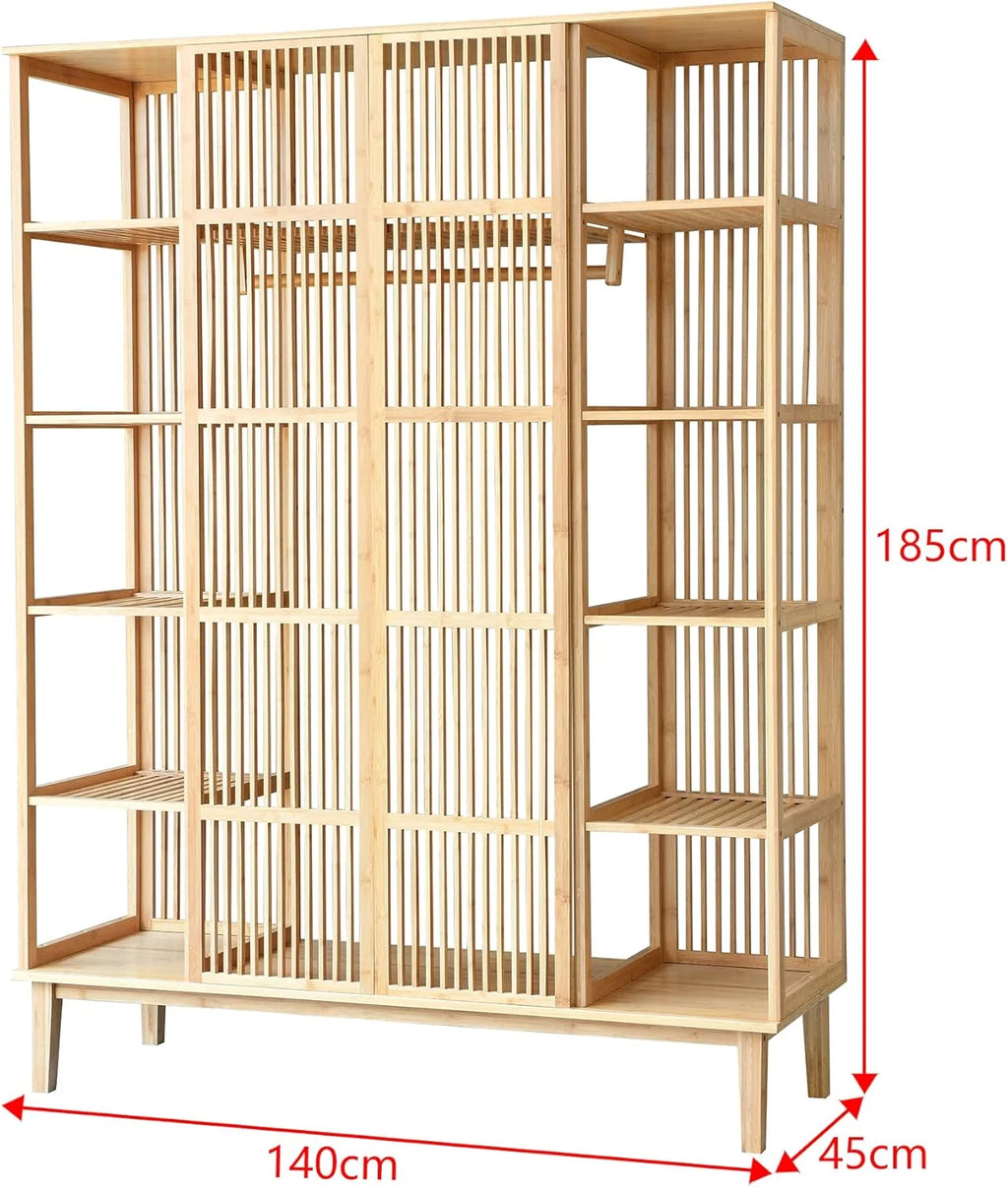 [en.casa] Guarda-Roupa com 2 Portas Deslizantes Roupeiro com 12 Prateleiras e 1 Varão de Bambu 185 x 140 x 45 cm Natural