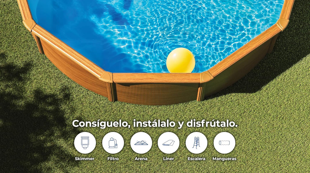 Piscina Elevada Redonda de Aço Gre KITPR353W com Acabamento de Madeira, Piscinas Desmontáveis para Jardim, 350 x 120 cm, Sicília
