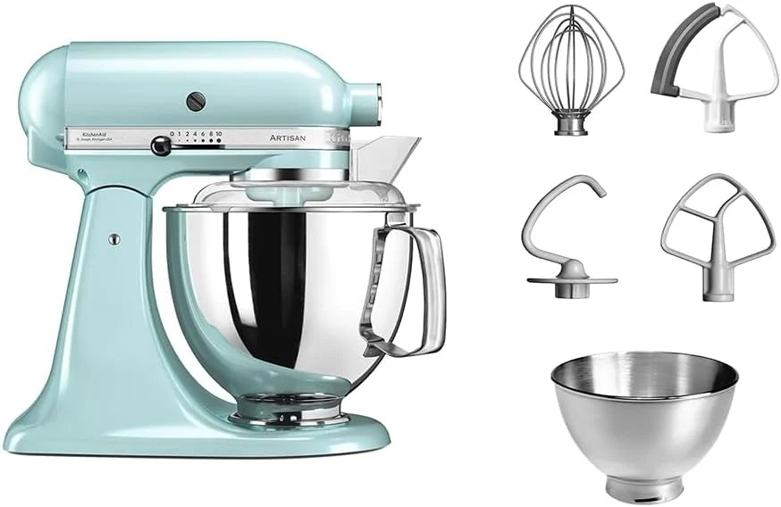 Batedeira KitchenAid Artisan - Robô de Cozinha com Cabeça Inclinável - Batedeira de Massa com 5 Acessórios - Batedeira de Reposteria com 2 Tigelas de Aço Inoxidável - 4,8 L e 3 L - Azul-gelo