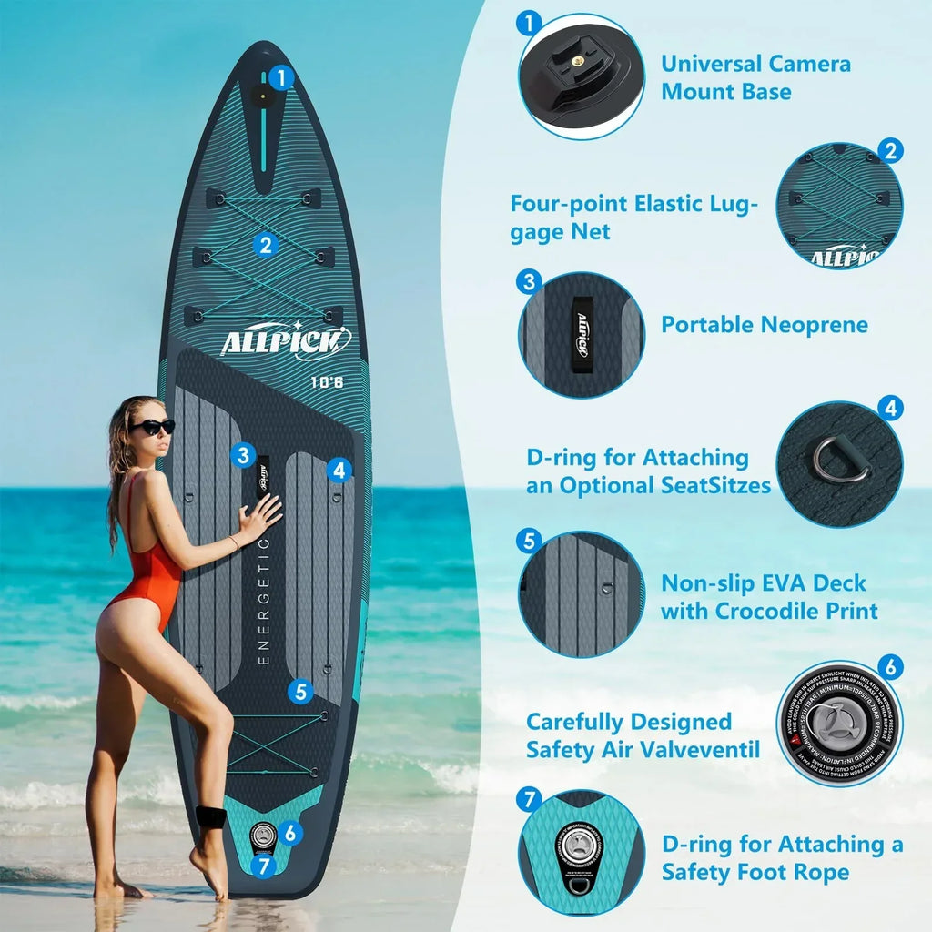 2026 Prancha de Paddle Surf Inflável ALLPICK Premium (Verde Premium) – Kit Completo com Suporte Universal para Câmera, Remo Ajustável, para Iniciantes e Avançados, Capacidade 180 kg