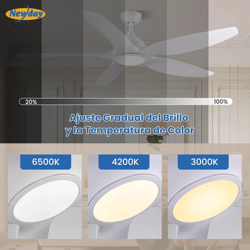 Newday 153cm Grande Ventilador de Teto Branco com Luz e Controle Remoto, LED Dimmer, Motor DC Reversível para Uso no Verão e Inverno, 5 Pás Silencioso para Quarto Sala de Estar e Varanda