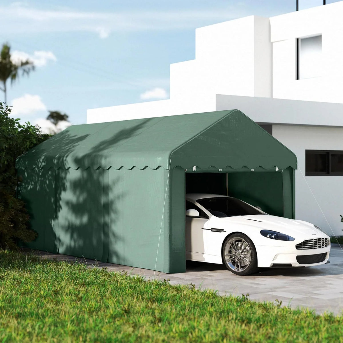 Outsunny Garagem Barraca 6x3m Garagem Externa para Carro Impermeável Garagem Portátil Anti-UV com Paredes Laterais Removíveis e 2 Portas com Zíper Verde