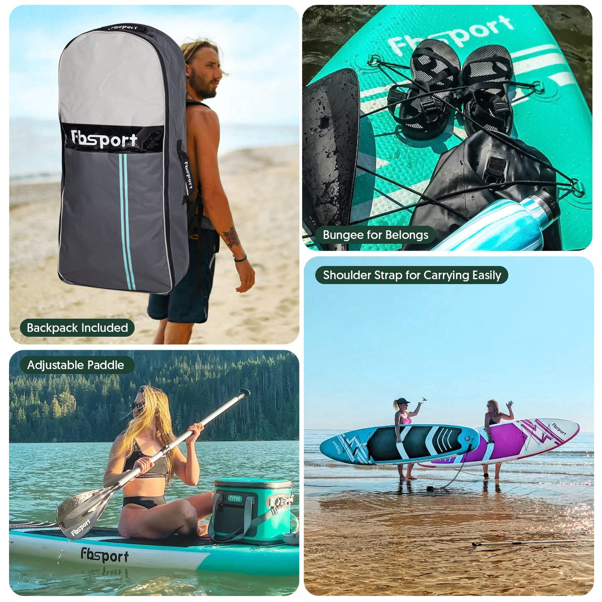 2026 FBSPORT Prancha de Paddle Surf Inflável, 15 cm de Espessura, Kit Completo com Remo de Alumínio Ajustável e Bomba (Verde)