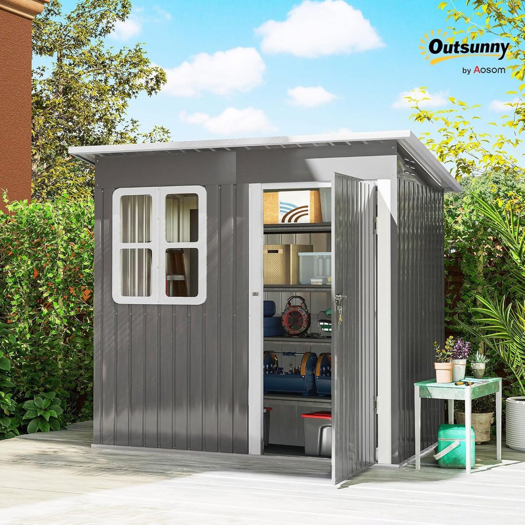 Outsunny Galpão de Armazenamento para Jardim Exterior, 2,55 m² 221x133x190 cm, Abrigo Metálico para Ferramentas com Janela, Porta com Fechadura e Ventilação, Cinza Escuro
