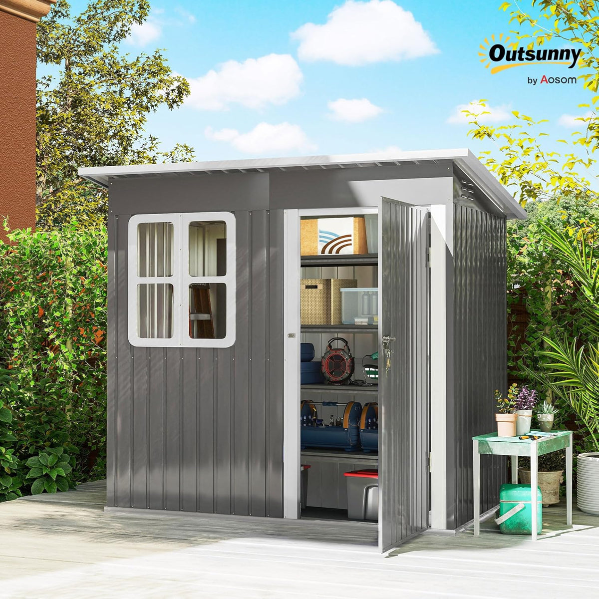 Outsunny Galpão de Armazenamento para Jardim Exterior, 2,55 m² 221x133x190 cm, Abrigo Metálico para Ferramentas com Janela, Porta com Fechadura e Ventilação, Cinza Escuro