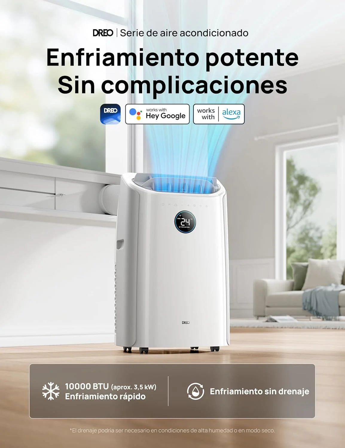 DREO Ar Condicionado Portátil 10000 BTU para Quarto, Resfriamento Sem Drenagem, Silencioso, Controle por Aplicativo/Voz, Temporizador de 24 Horas, com Ventilador e Desumidificador