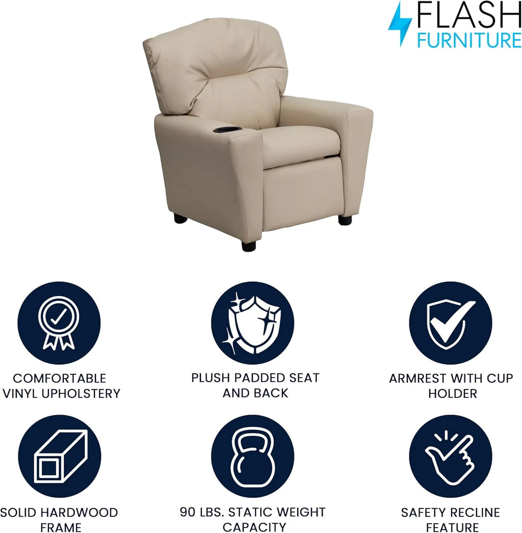 Poltrona Reclinável Infantil Contemporânea Flash Furniture com Porta-Copos, Madeira, Vinil Bege, 66,04 x 53,34 x 53,34 cm