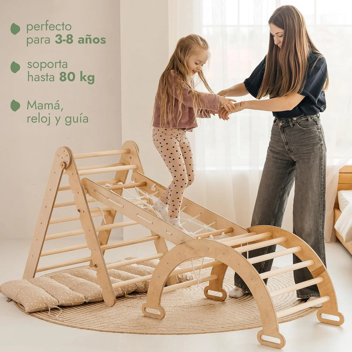 Conjunto de Escalada Montessori 5 em 1 para Crianças - Ginásio de Escalada de Madeira com Escada Triângulo, Arco, Rampa de Escalada, Rede e Almofada - Ginásio de Madeira para Crianças
