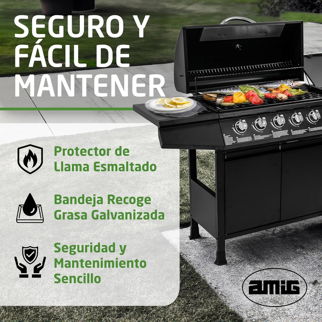 Churrasqueira a Gás Fireplus 6+1 de 12,9 kW - Aço Inoxidável Preto - Grelhador com Rodas Modelo GRILL-6F - Churrasqueira XXL com Carrinho e Termômetro - 138x52x103 cm - 7 Queimadores e Bandeja Lateral