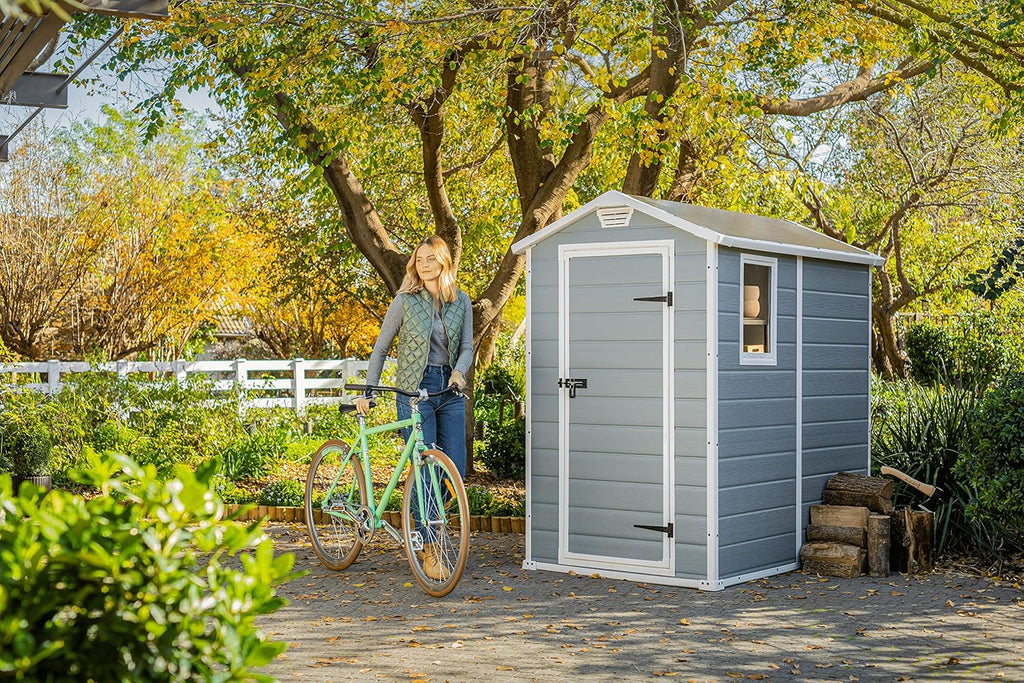 Keter Manor 4X6 - Galpão de Jardim, 130x192x198cm e 2,2m2, Chão, Sistema de Ventilação, Porta e Janela, Resistente à Água, Cor Cinza