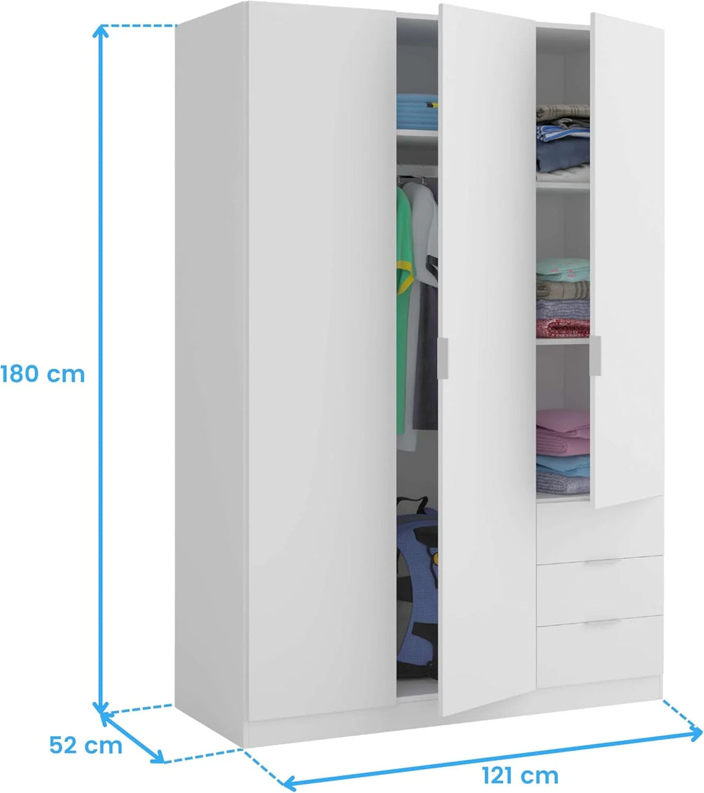 Guarda-Roupa de Três Portas e Três Gavetas Habitdesign, Acabamento Branco Ártico, Medidas: 121 cm (L) x 180 cm (A) x 52 cm (P)