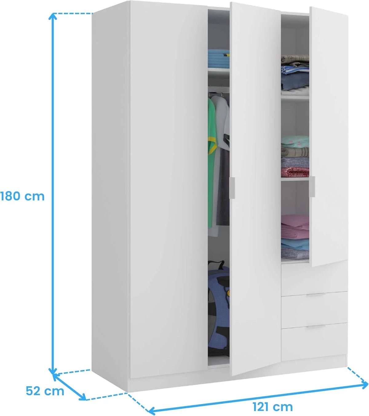 Guarda-Roupa de Três Portas e Três Gavetas Habitdesign, Acabamento Branco Ártico, Medidas: 121 cm (L) x 180 cm (A) x 52 cm (P)