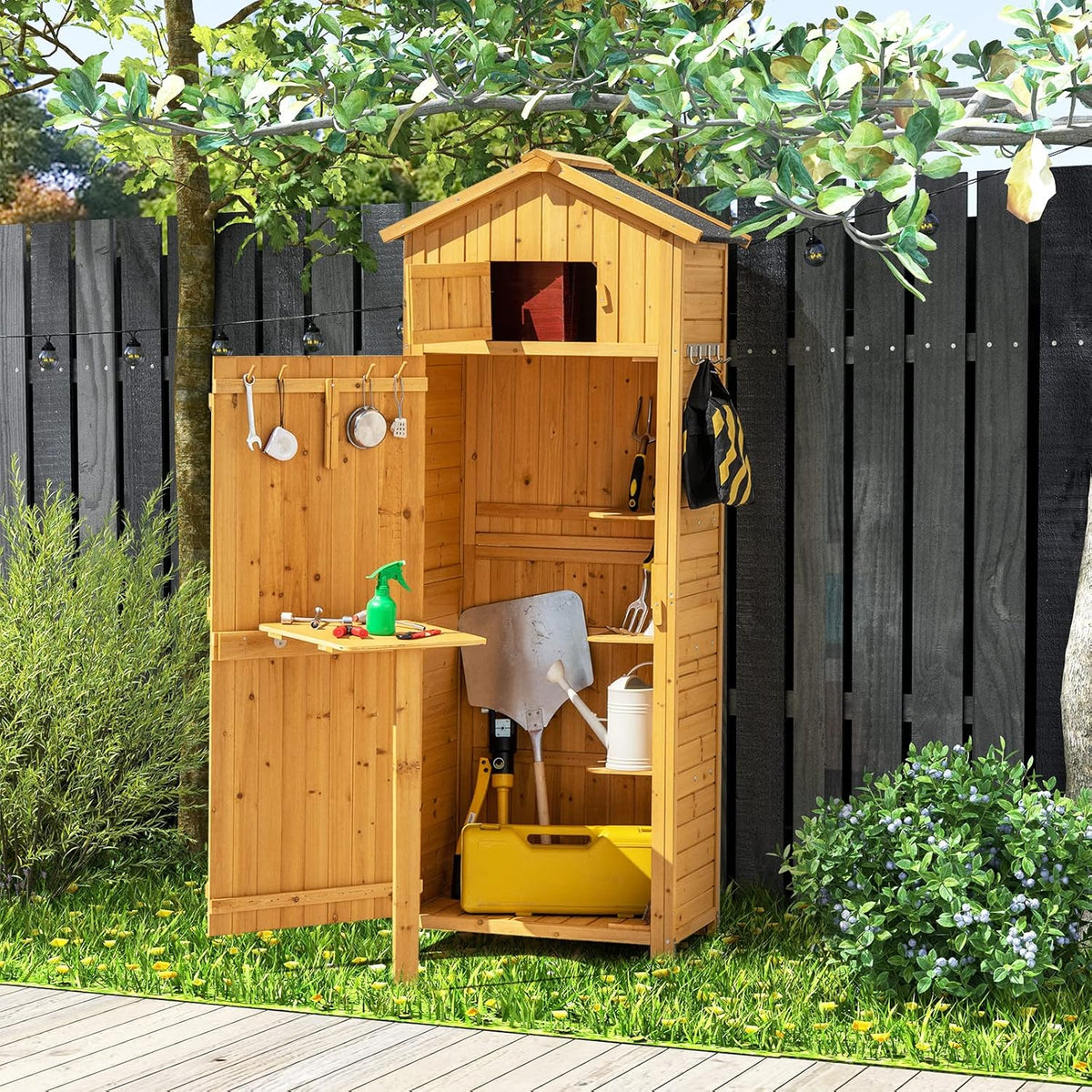 RELAX4LIFE Armário de Madeira para Jardim com Telhado Asfaltado em Duas Águas, Galpão de Armazenamento para Exteriores com 8 Ganchos, 3 Prateleiras Removíveis e Mesa Dobrável para Ferramentas de Jardinagem