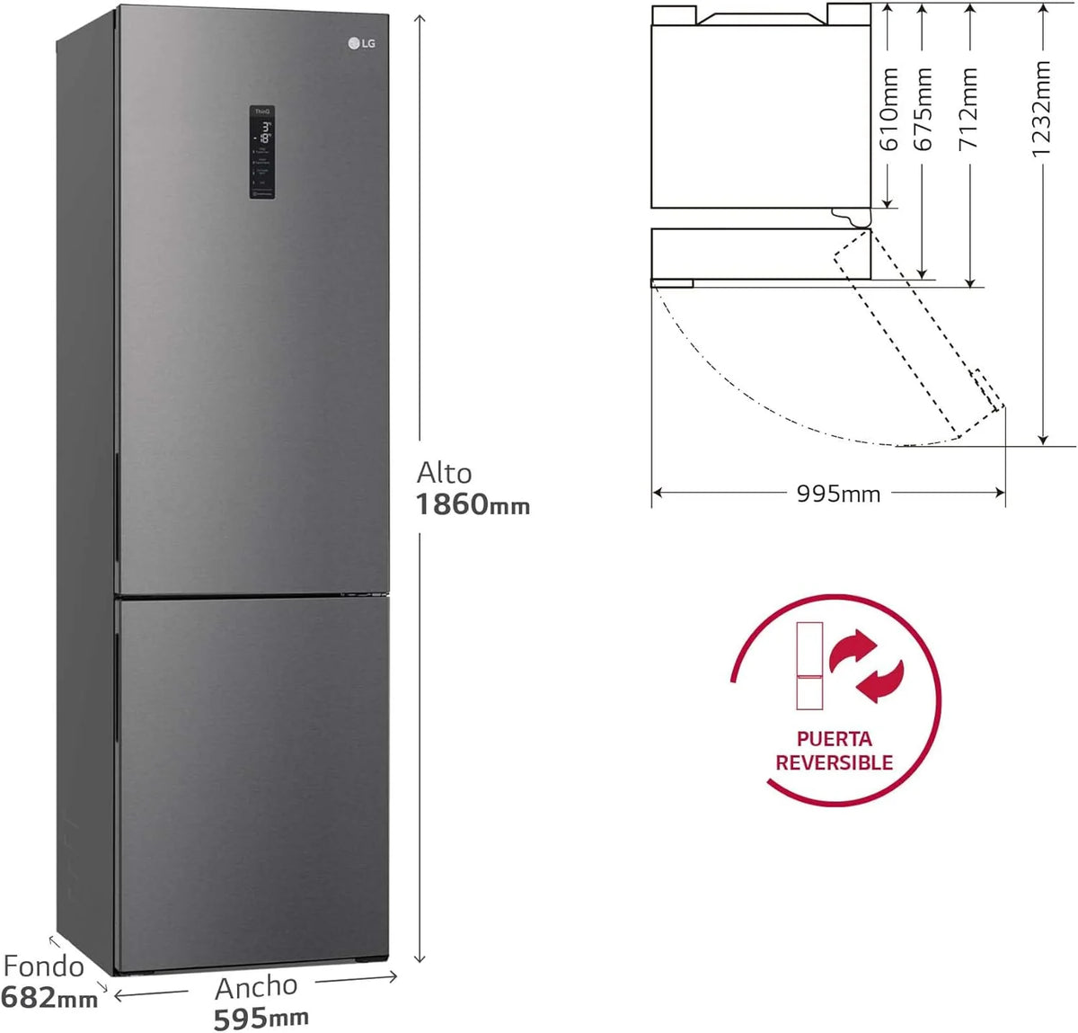 GBP61DSXGC - Frigorífico Combinado No Frost, Freezer, Compressor Smart Inverter, Cor Inox Antidigitais, 186 cm, 341 l