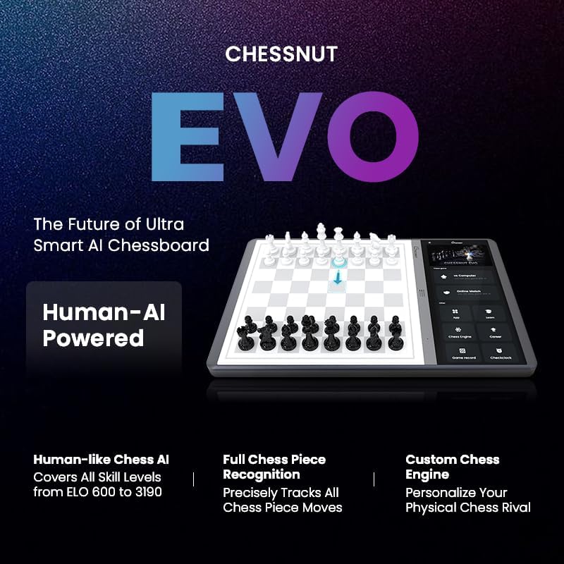 Xadrez Chessnut EVO AI - Motor Maia Integrado, BOT de xadrez Personalizável, Reconhecimento Completo de Peças, Compatível com Plataformas Principais, Design Inteligente Tudo em um