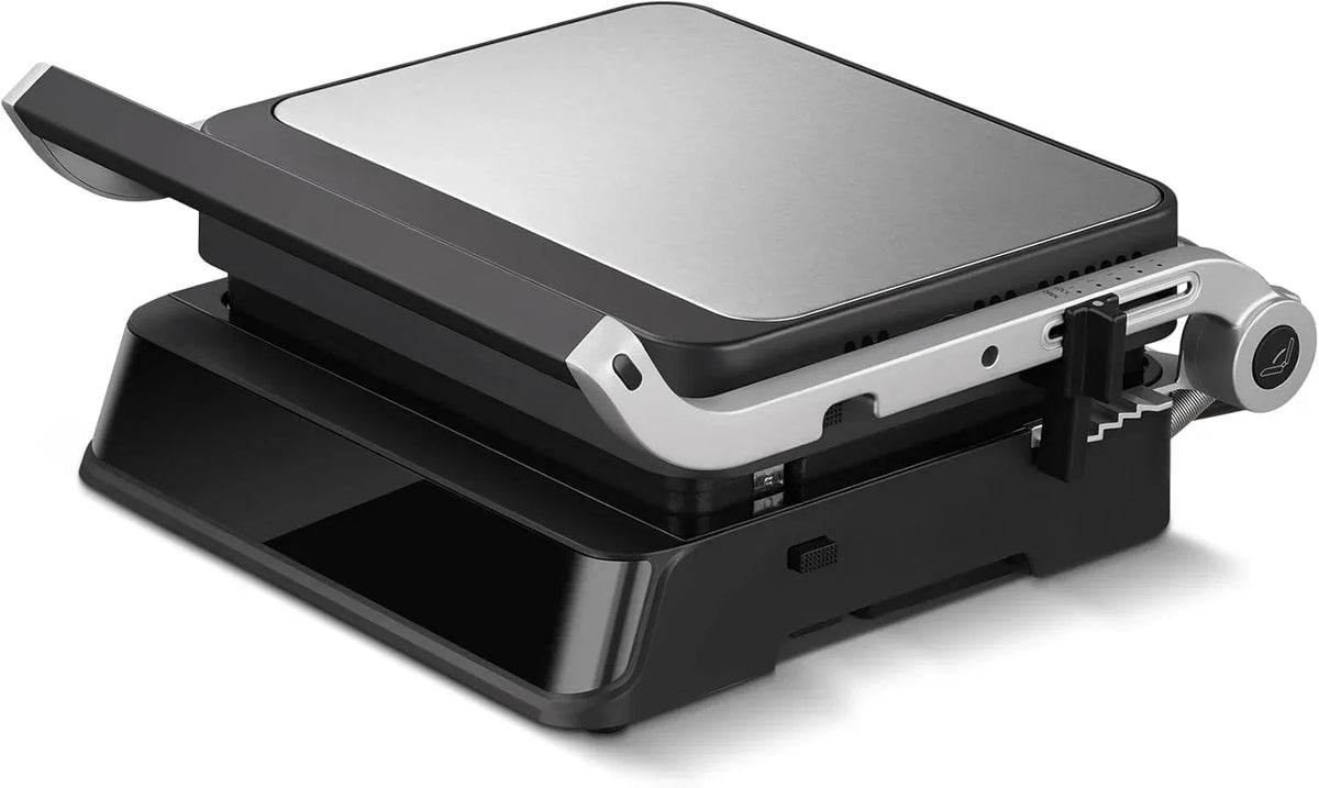 AMZCHEF Grelhador Elétrico com 6 Programas, Função Selar até 280°C, Modo Manual, Sensor de Temperatura, Placas Removíveis e Tabuleiro de Waffles, Ideal para Carne, Peixe, Paninis e Waffles