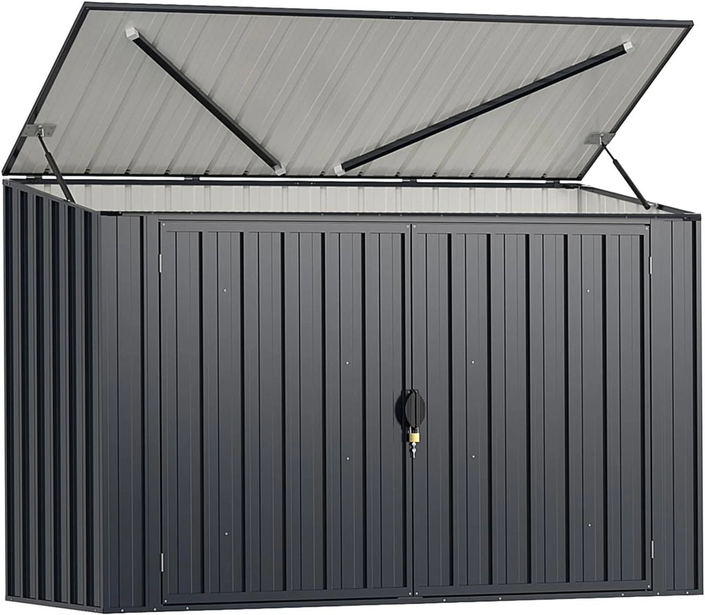 GOPLUS 1,9 m³ Abrigo de Jardim em Aço Galvanizado, 193 x 86 x 127 cm, Armário de Exterior com Porta Dupla e Fechaduras, Alavanca Hidráulica, Casa para Ferramentas, Bicicletas, Caixotes de Lixo