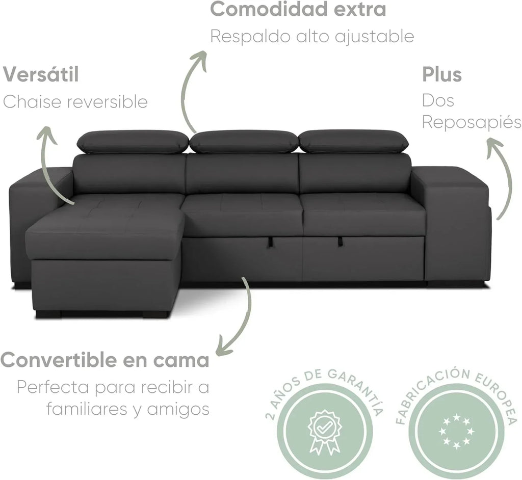 BUDWING John Sofá-Cama de Canto 4 Lugares - Chaise Longue Reversível, Apoio de Cabeça Ajustável e 2 Pufes – Estofado em Poliuretano – Estilo Moderno – 263x161x96 cm – Preto