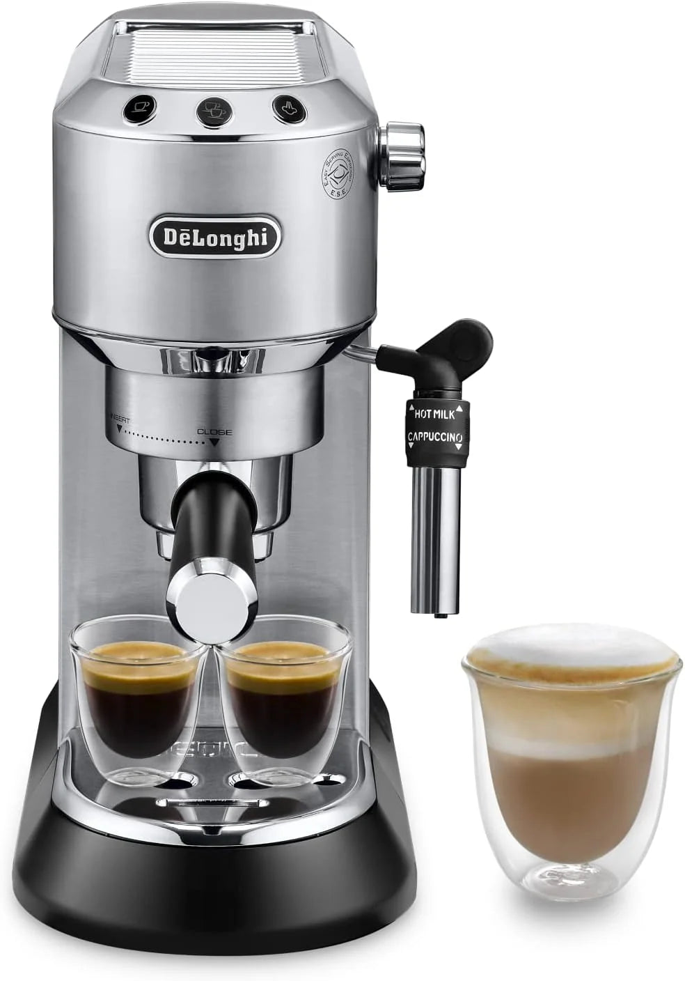 De'Longhi Dedica – Cafeteira Espresso Bomba de Aço Inoxidável para Café Moído ou Saches, Espresso e Cappuccino, Reservatório de 1.3 Litros, Sistema Anti-gotejamento, Modelo EC685.M, Cor Metal