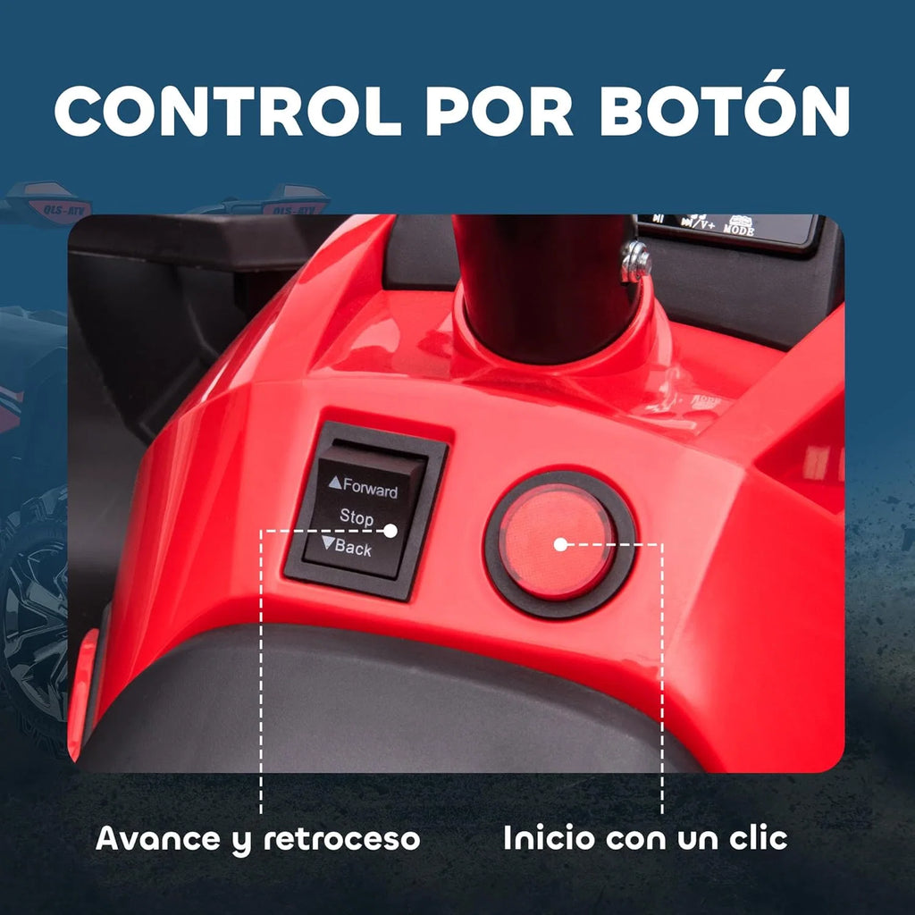 HOMCOM Quad Elétrico 12V para Crianças +3 Anos com 2 Motores Faróis Música Pneus de Suspensão Botões de Avanço e Retrocesso Veículo Elétrico a Bateria 100x65x73 cm Vermelho