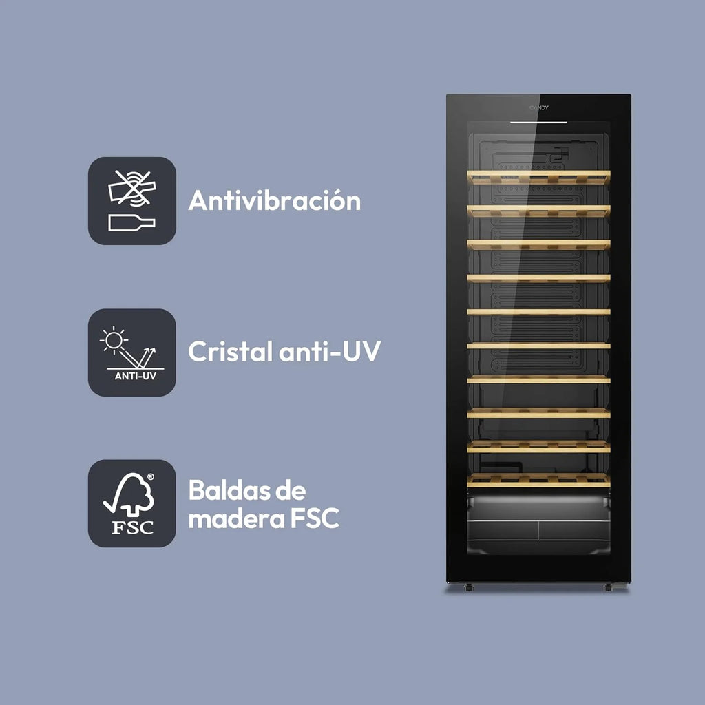 Candy DiVino CWC058, Adega, 58 Garrafas, WiFi, App hOn, Porta Reversível, 10 Prateleiras, Tratamento Anti-UV, Compressor Antivibração, Iluminação LED, Controlo Digital, Puxador Integrado, 37dB, Preto