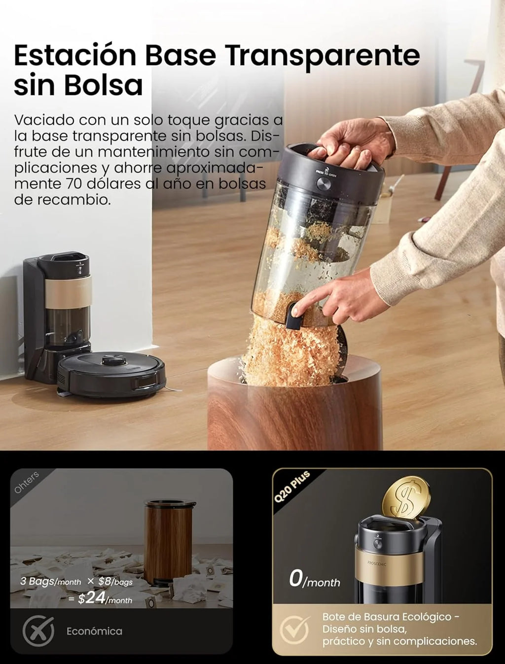 Proscenic Q20 Plus Robô Aspirador e Passa-Pano 10000 Pa/200Mins, com Base de Esvaziamento Automático de 4L sem Saco, Navegação e Mapeamento a Laser por App/Voz/Controle, para Chão, Tapetes e Pelos de Animais de Estimação