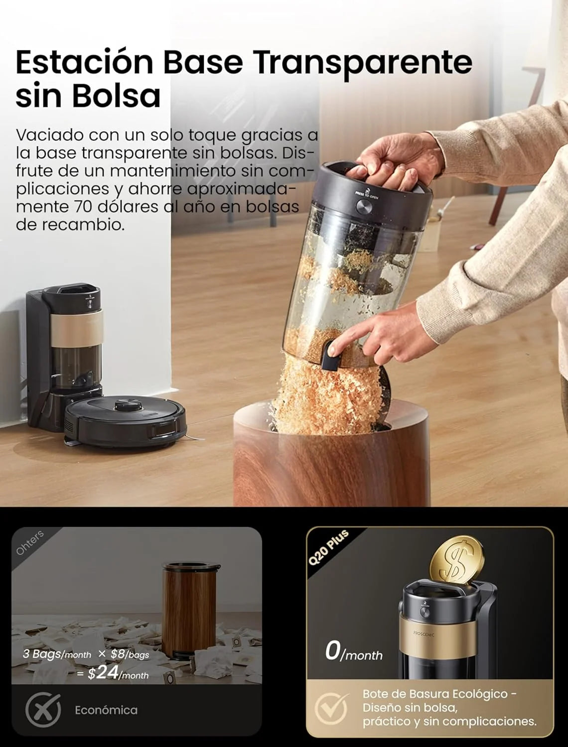 Proscenic Q20 Plus Robô Aspirador e Passa-Pano 10000 Pa/200Mins, com Base de Esvaziamento Automático de 4L sem Saco, Navegação e Mapeamento a Laser por App/Voz/Controle, para Chão, Tapetes e Pelos de Animais de Estimação