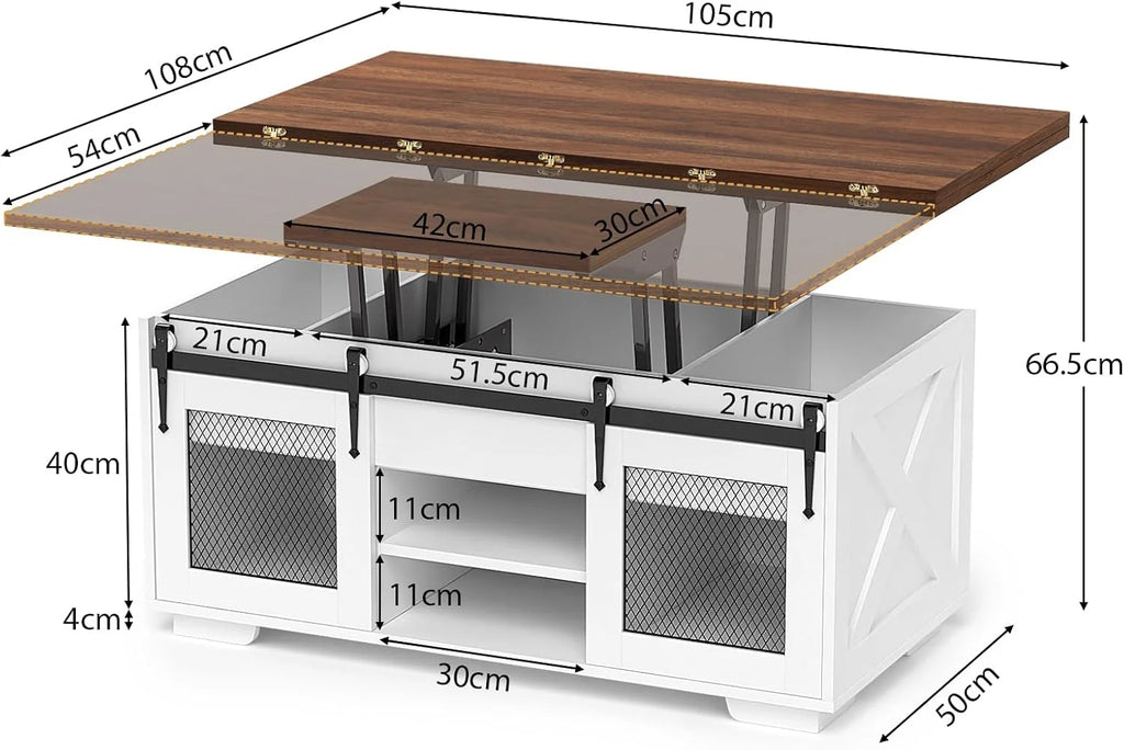 VOWNER Mesa de Centro Elevável, Mesa Extensível, Multifuncional 3 em 1 com Armazenamento Oculto - Sala de Jantar, Conversível, Estilo Fazenda, Nogueira