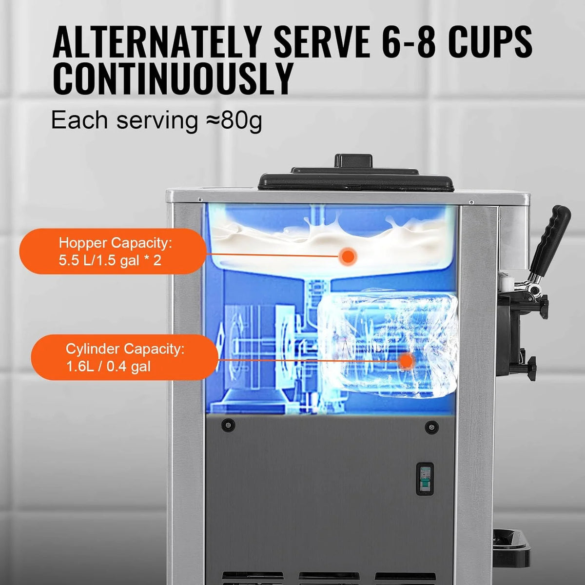 Máquina de Sorvete Comercial VEVOR 21-31 L/h 1500 W 3 Sabores Máquina de Fazer Sorvete 2 Tremonhas de 5,5 L Independente Pré-Resfriamento Limpeza Automática para Restaurante Bar Mercado Loja