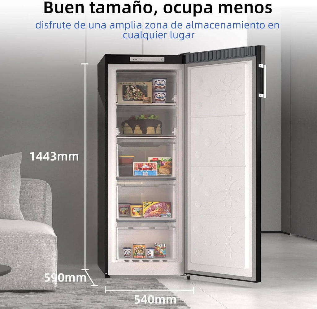 CHiQ Congelador Vertical No frost 166L, FSD166NE4E, Gavetas XL, Controle Eletrônico de Temperatura, Portas Reversíveis, Silencioso, Ice Box, Cor Inox Preto, Classe Energética E