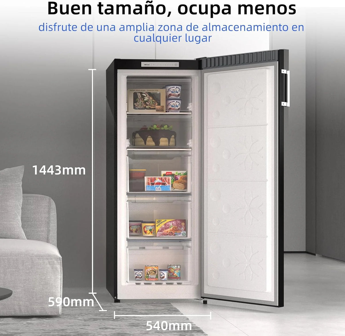 CHiQ Congelador Vertical No frost 166L, FSD166NE4E, Gavetas XL, Controle Eletrônico de Temperatura, Portas Reversíveis, Silencioso, Ice Box, Cor Inox Preto, Classe Energética E