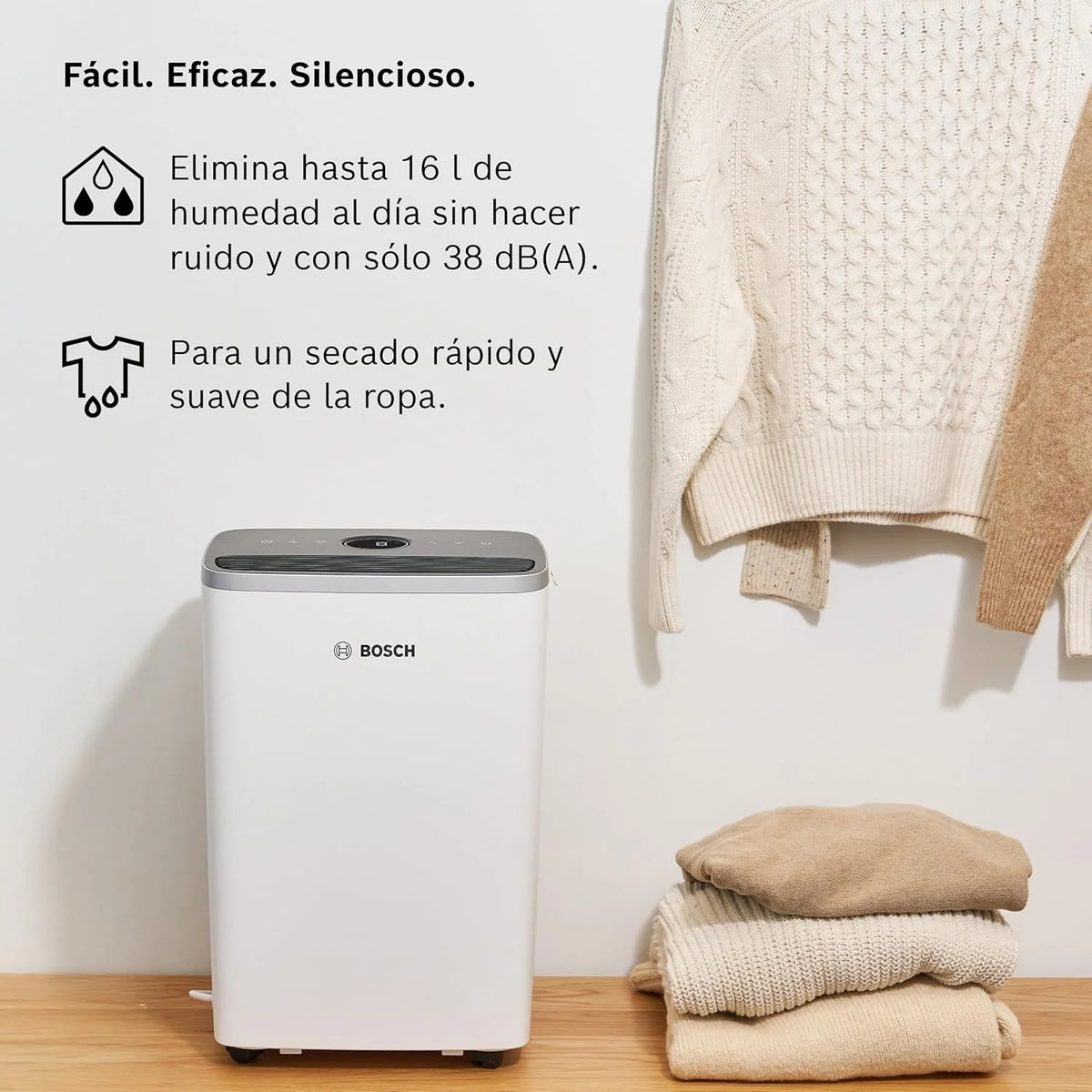 Bosch Desumidificador Dry 4000 - Fácil. Eficiente. Silencioso. Para sua Casa e Quarto - Para Ambientes de até 33 m² - Secagem Rápida para suas Roupas