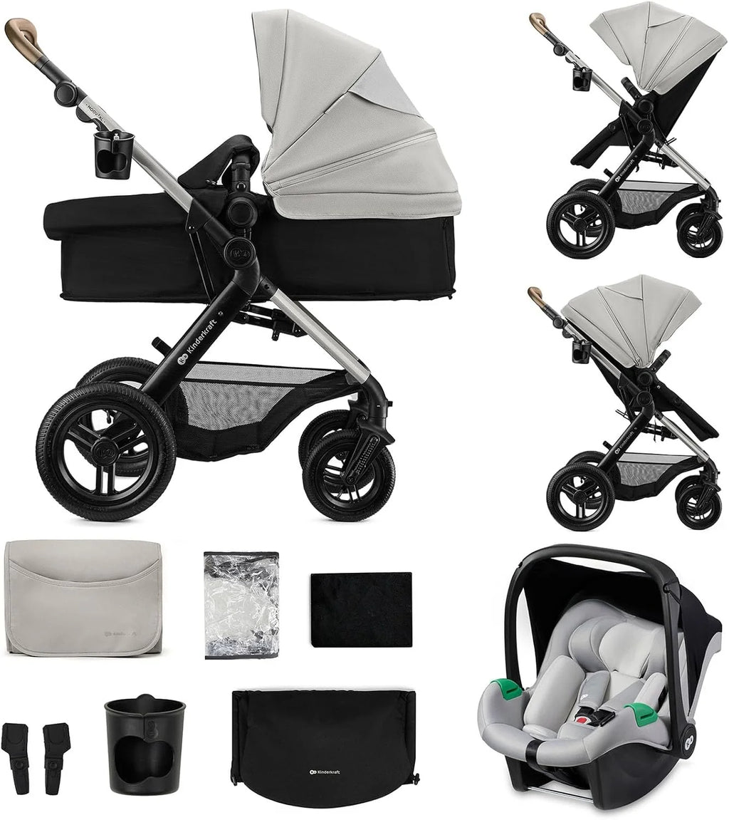Kinderkraft MOOV XL 3 em 1, Carrinho de Bebê até 27 kg, com Cadeira Auto I-SIZE 40-75 cm, Dobrável, Amortecido, Conversível, Alcofa XL, Com acessórios, Cinza Claro