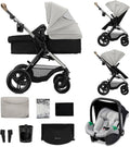 Kinderkraft MOOV XL 3 em 1, Carrinho de Bebê até 27 kg, com Cadeira Auto I-SIZE 40-75 cm, Dobrável, Amortecido, Conversível, Alcofa XL, Com acessórios, Cinza Claro