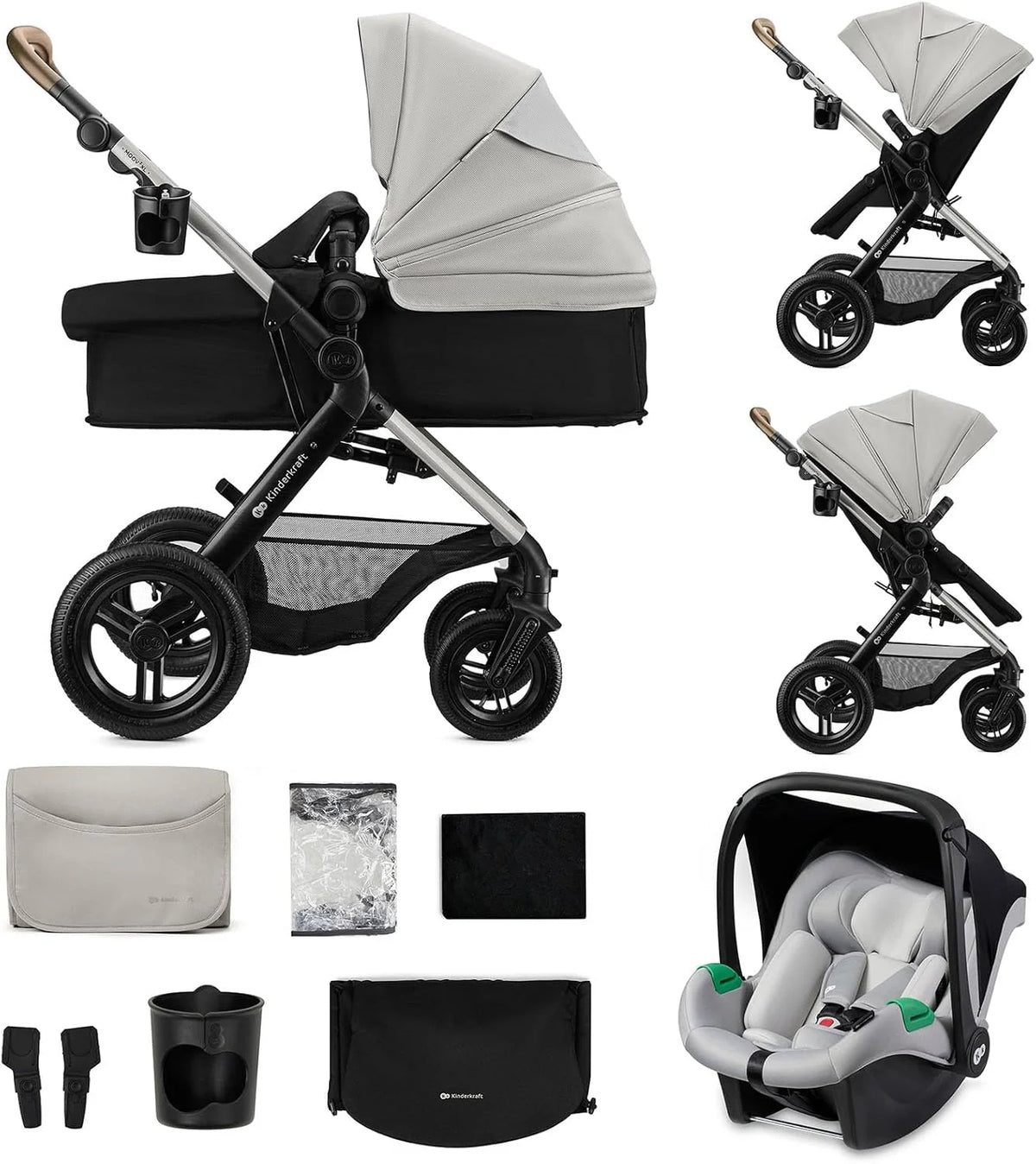 Kinderkraft MOOV XL 3 em 1, Carrinho de Bebê até 27 kg, com Cadeira Auto I-SIZE 40-75 cm, Dobrável, Amortecido, Conversível, Alcofa XL, Com acessórios, Cinza Claro
