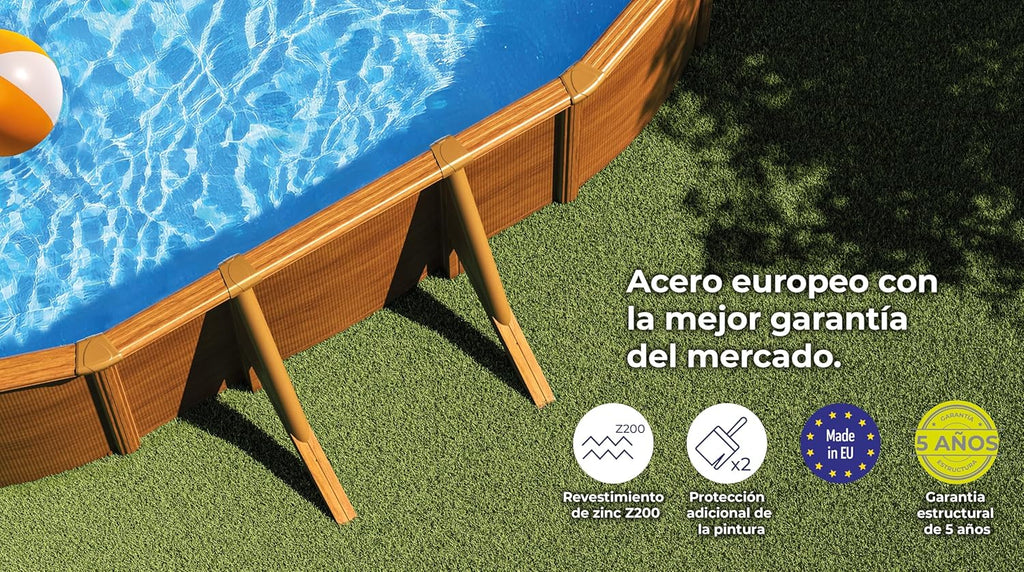 Piscina Elevada de Aço, Oval com Aspecto Madeira. Piscinas Desmontáveis para Jardim. 730 x 375 x 120 cm - Piscina Gre KIT730W Pacific.