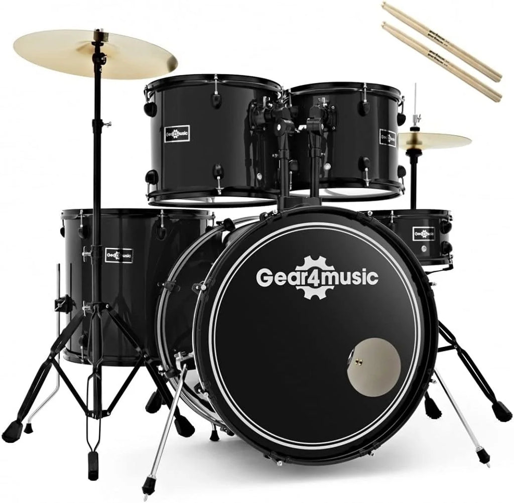 Gear4music BDK-1 Kit de Bateria Compacta Completa para Iniciantes - Bateria Acústica de 5 Peças, Pratos, Pedal de Bumbo, Banco e Baquetas - Preto