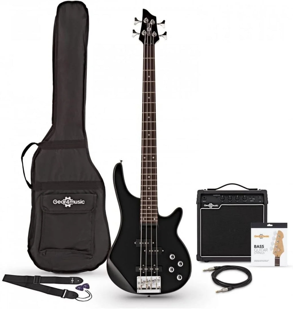 Baixo Elétrico de 4 Cordas Gear4music Chicago com Amplificador de 15 W, Preto