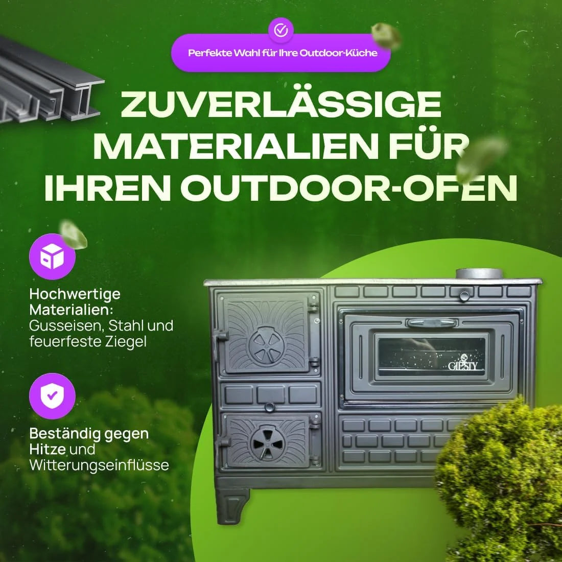 Forno a Lenha para Jardim, Forno de Pátio, Fogão Exterior a Lenha ou Carvão, Forno de Jardim, Forno Exterior (Porta de Ferro Fundido + 2 Chaminés)