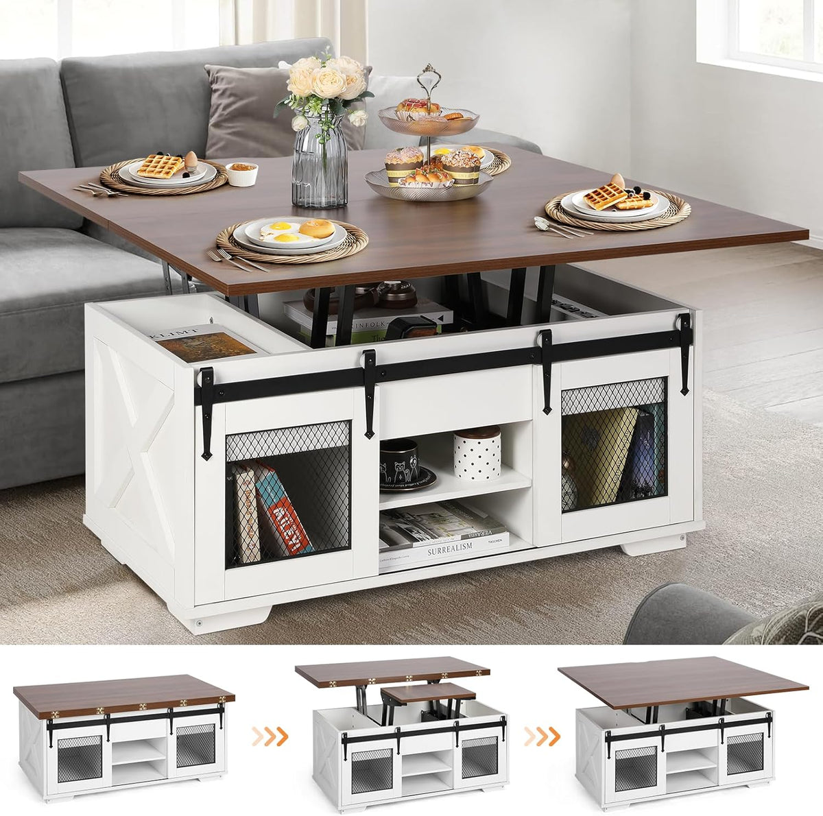 VOWNER Mesa de Centro Elevável, Mesa Extensível, Multifuncional 3 em 1 com Armazenamento Oculto - Sala de Jantar, Conversível, Estilo Fazenda, Nogueira