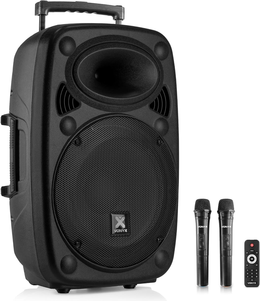 Vonyx Verve46 Poderosa Caixa de Som Bluetooth 1000 W, Caixa de Som Portátil Amplificada com Microfone de Karaokê, Caixa de Som Bluetooth USB, SD, MP3, AUX, 2 Microfones UHF, Controle Remoto, Subwoofer 15 Polegadas, Preto