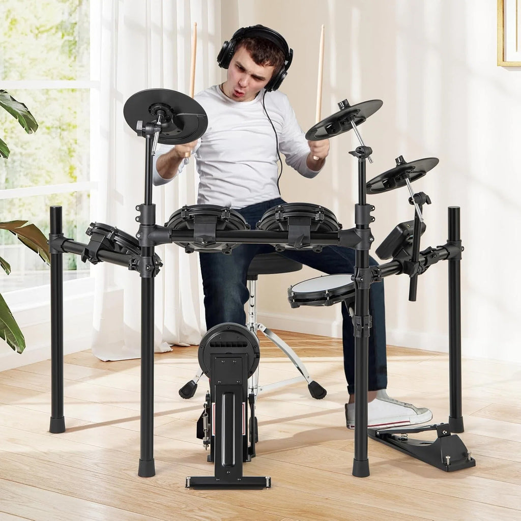COSTWAY Bateria Eletrónica, Kit de Bateria Dobrável com Pads de Malha Silenciosos, Prato, 225 Sons e 30 Demos, Metrônomo e USB MIDI, Bumbo, 2 Baquetas, Banco Ajustável, para Adultos e Crianças