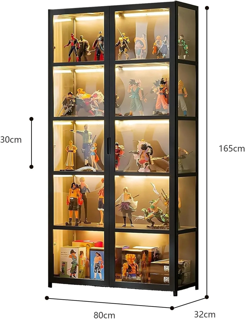 Vitrine Porta de Acrílico, Vitrine com 5 Prateleiras, Organizador de Brinquedos de Coleção, Estante de Quarto, Canto de Leitura, Crianças, Bambu (Abertura Dupla Preta)