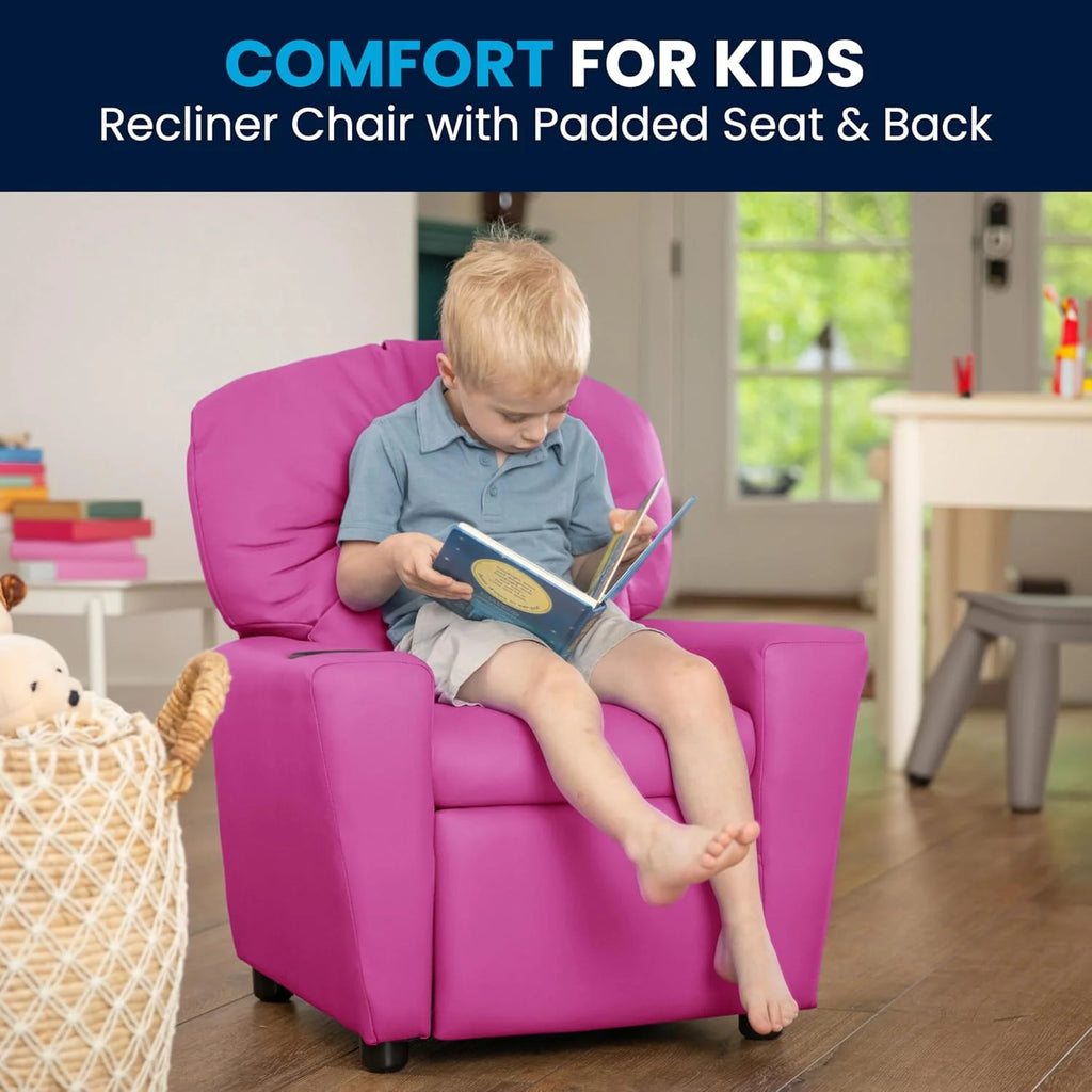 Poltrona Reclinável Infantil Contemporânea Flash Furniture com Porta-Copos, Madeira, Vinil Bege, 66,04 x 53,34 x 53,34 cm