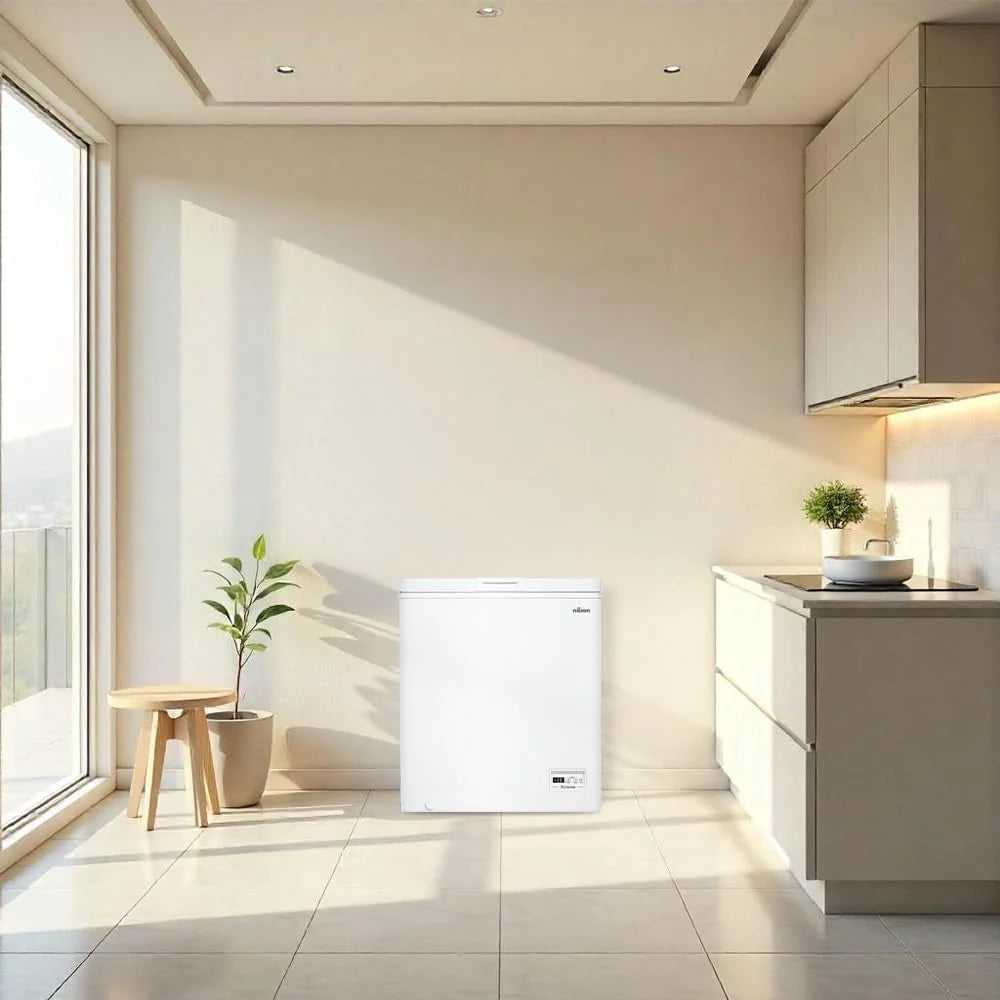Nilson Congelador Horizontal Branco NCH1500EDC. Capacidade 142 Litros, Dual Cooling, 4 Estrelas, Modo Super Congelamento, Tecnologia Cíclica, Porta Basculante, 1 Cesto, Baixo Nível de Ruído