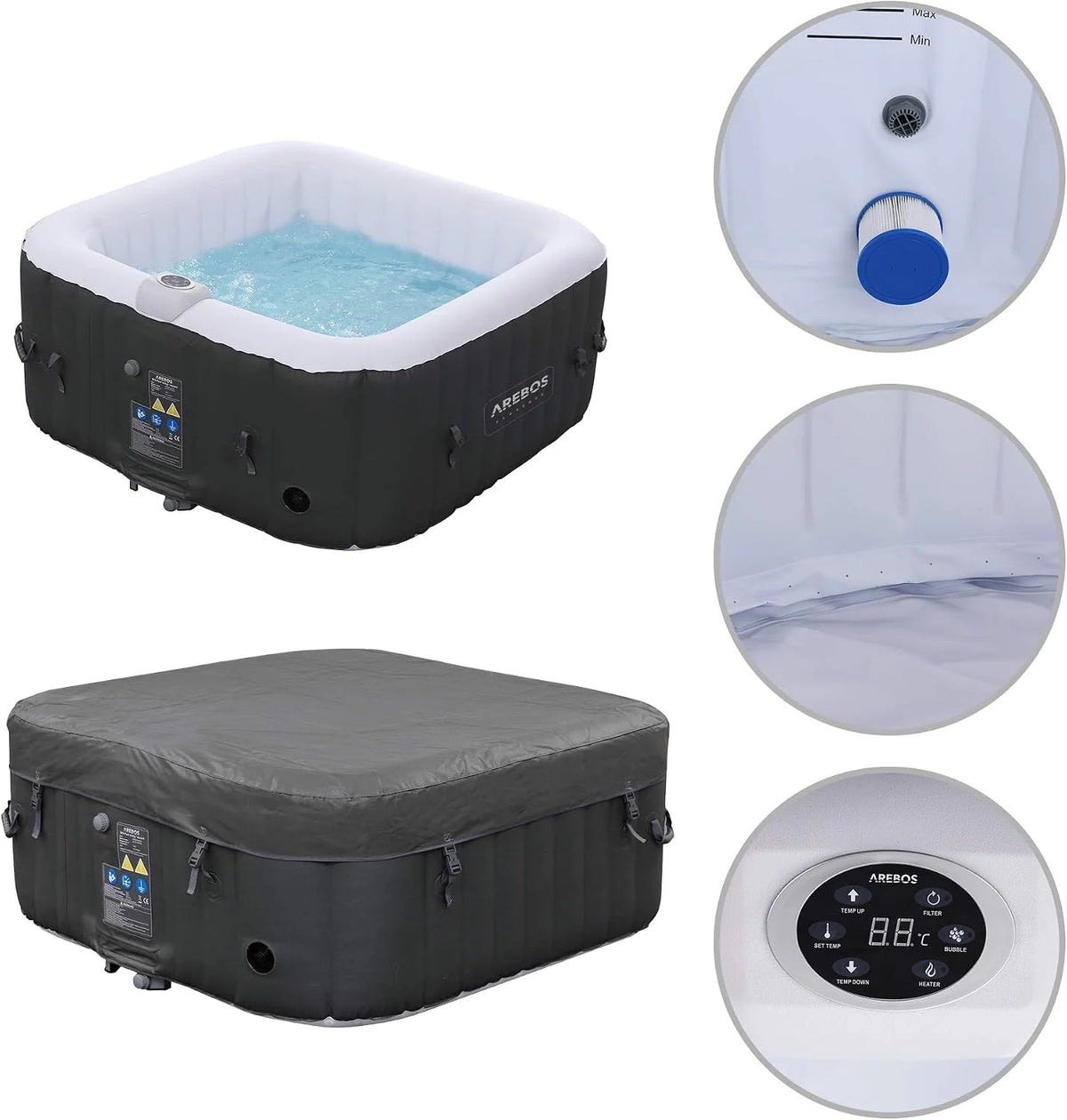 Arebos Inflável | Hidromassagem Pura | | 4 Pessoas | 130 Jatos de Massagem | Spa Bem-estar Aquecimento | 550 Litros | com Cobertura | Massagem Bubble Spa & Wellness