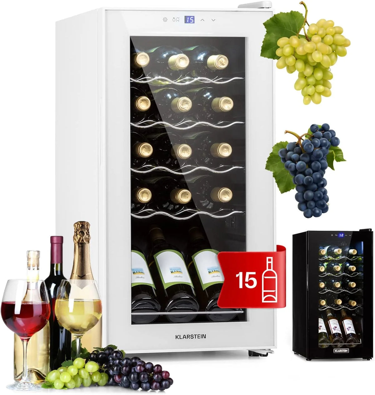 KLARSTEIN Vinoteca para Vinhos 44L Frigorífico para Vinhos Uma Zona, Garrafas de Vinho, Prosecco e Cervejas, Vinoteca Pequena Porta de Vidro para Interior e Exterior, Frigorífico para Vinhos Capacidade 15 Garrafas