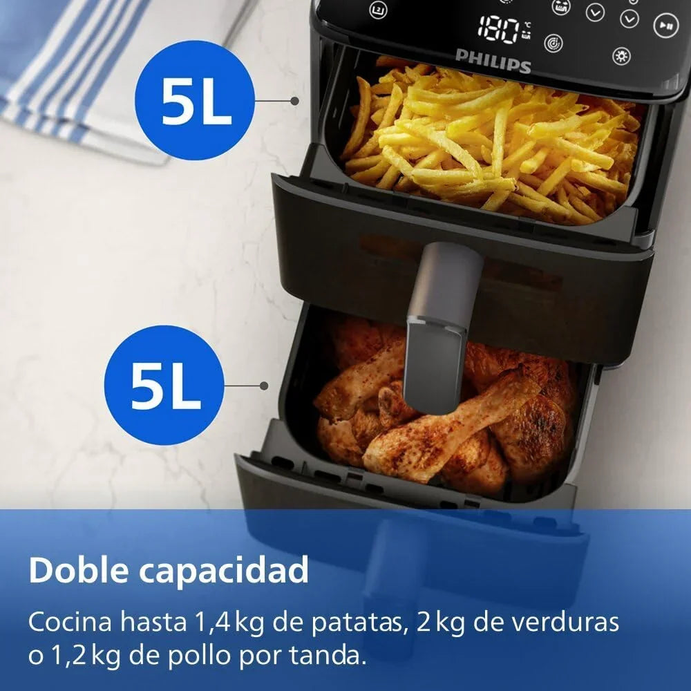 Fritadeira sem Óleo Philips Airfryer Série 4000 Cesto Vertical Duplo 10L – Tecnologia RapidAir, Sincronização, 2 Cestos Simultaneamente, 45% Menos Espaço, Revestimento Cerâmico Livre de PFAS, Janelas de Visualização (NA460/00)