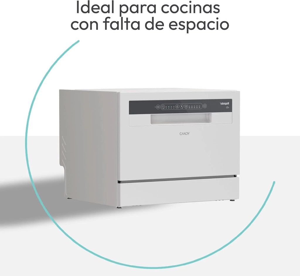 Candy CP 6E51LW Lava-Louças Pequena e Compacta, 6 Serviços, Digital, 51DBA, 5 Ciclos, Meia Carga, Início Diferido 3-6-9 horas, Indicador de Sal e Abrilhantador, Indicador de Fim de Ciclo, Branco